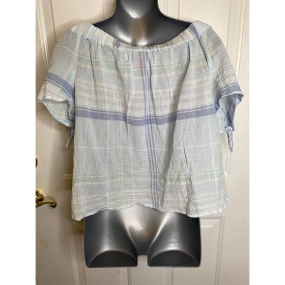 Vince Camuto Womens Top Size Large Plaid Off the Shoulder Sheer Crinkle Gauze - Picture 5 of 5